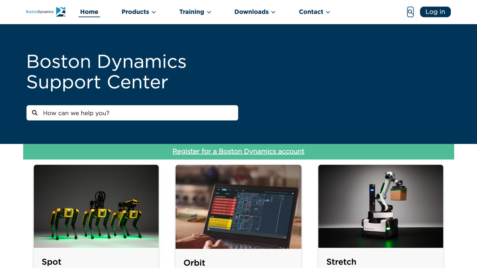 The Boston Dynamics Support Center homepage: a search bar under the title, a registration banner, and product cards for Spot, Orbit, and Stretch