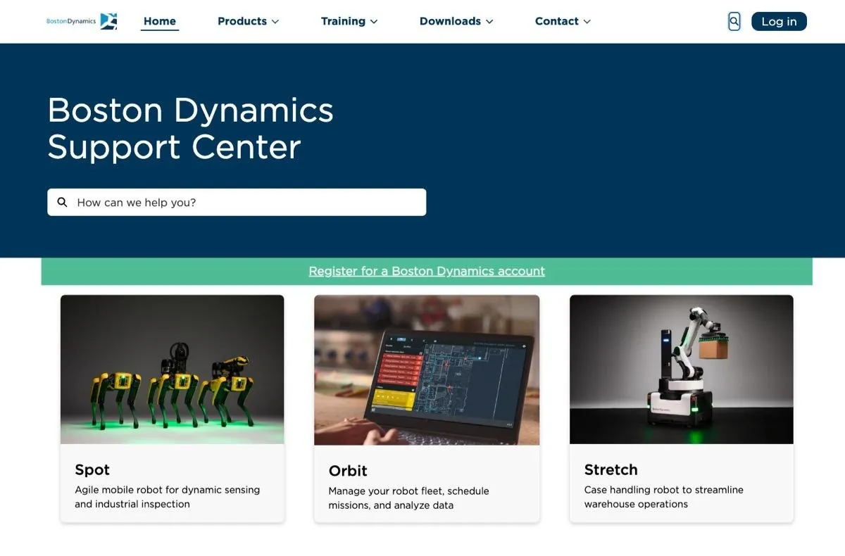 The Boston Dynamics Support Center homepage: search, then Spot, Orbit and Stretch