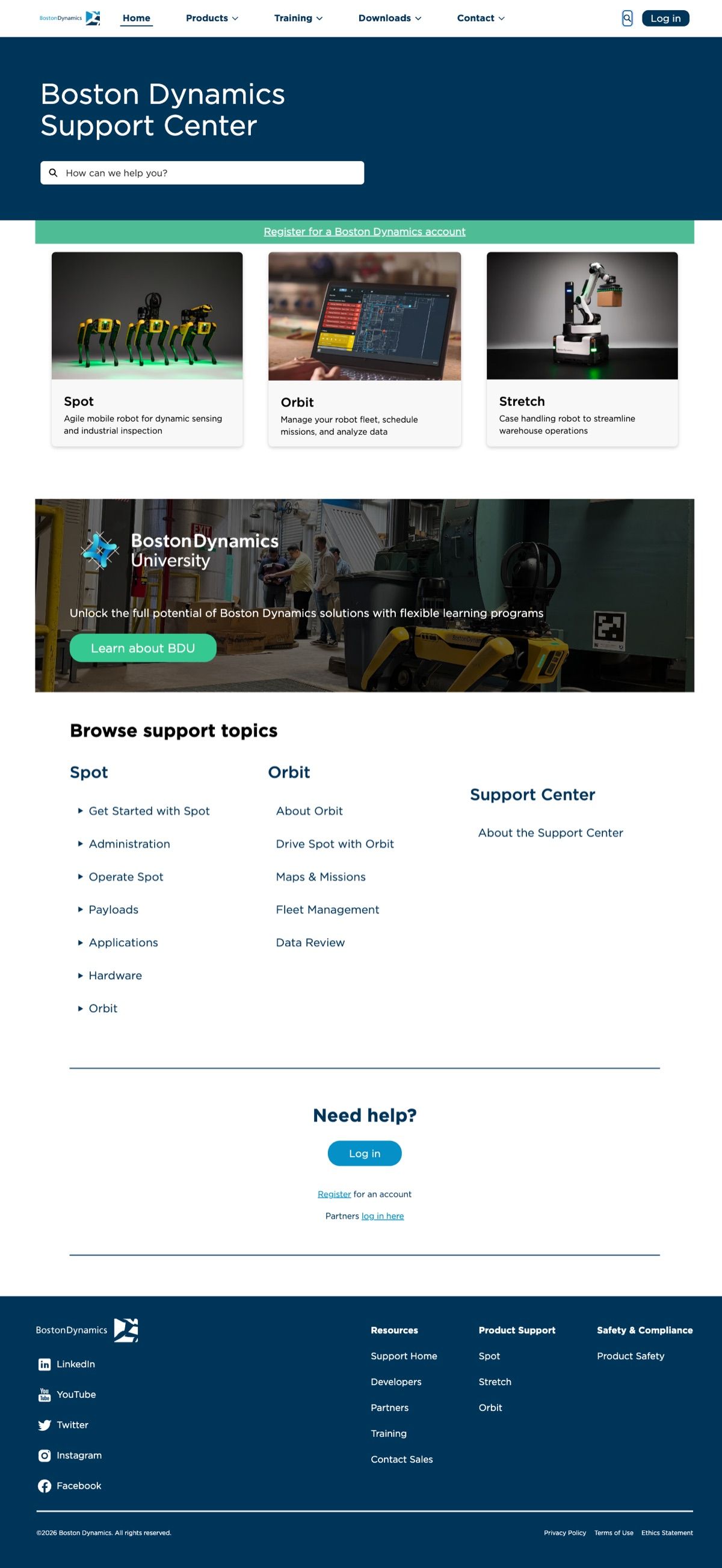 Boston Dynamics Support Center homepage screenshot