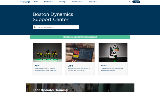 Boston Dynamics Support Center homepage screenshot