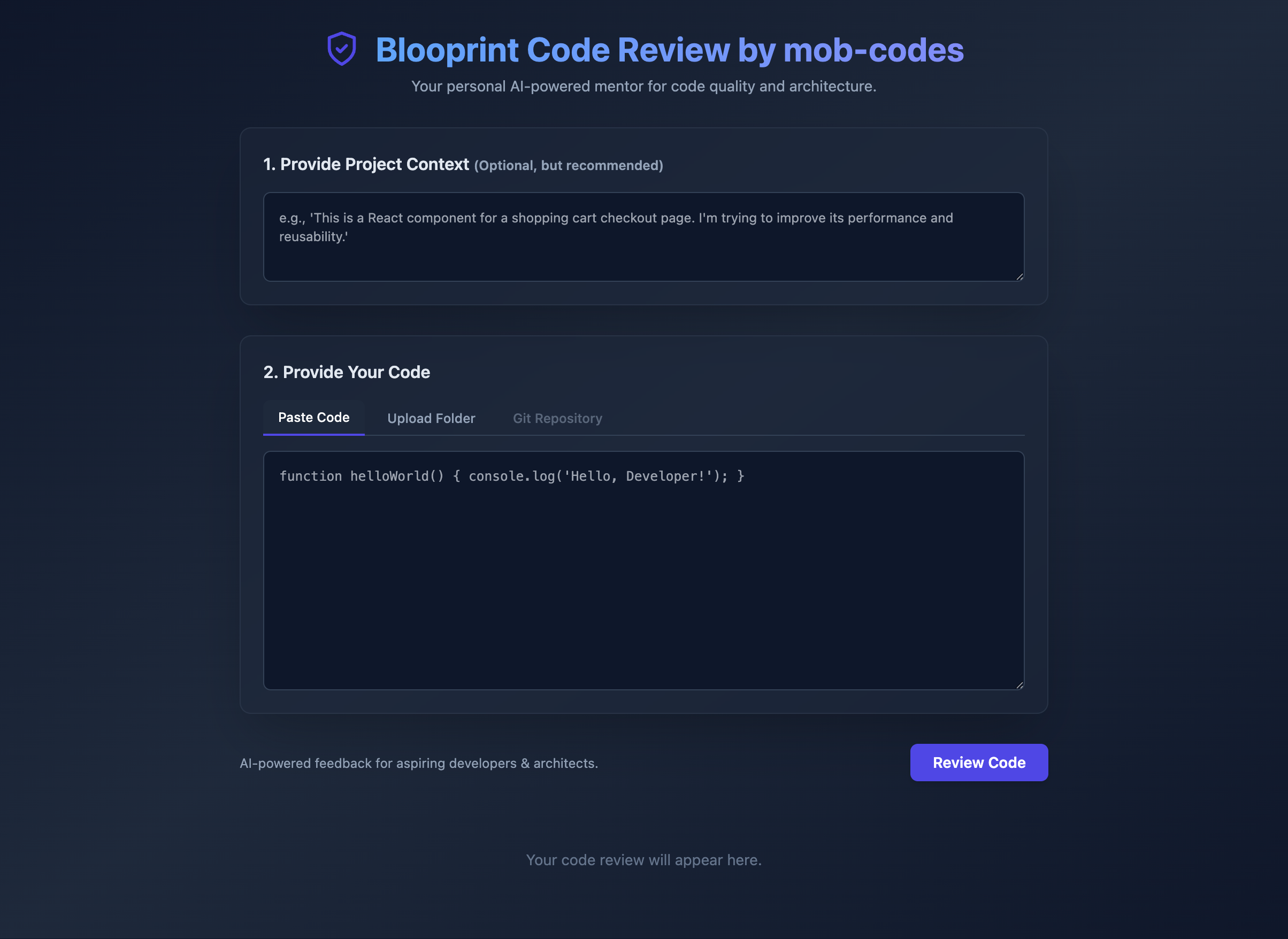 Screenshot of the Blooprint AI code review application.