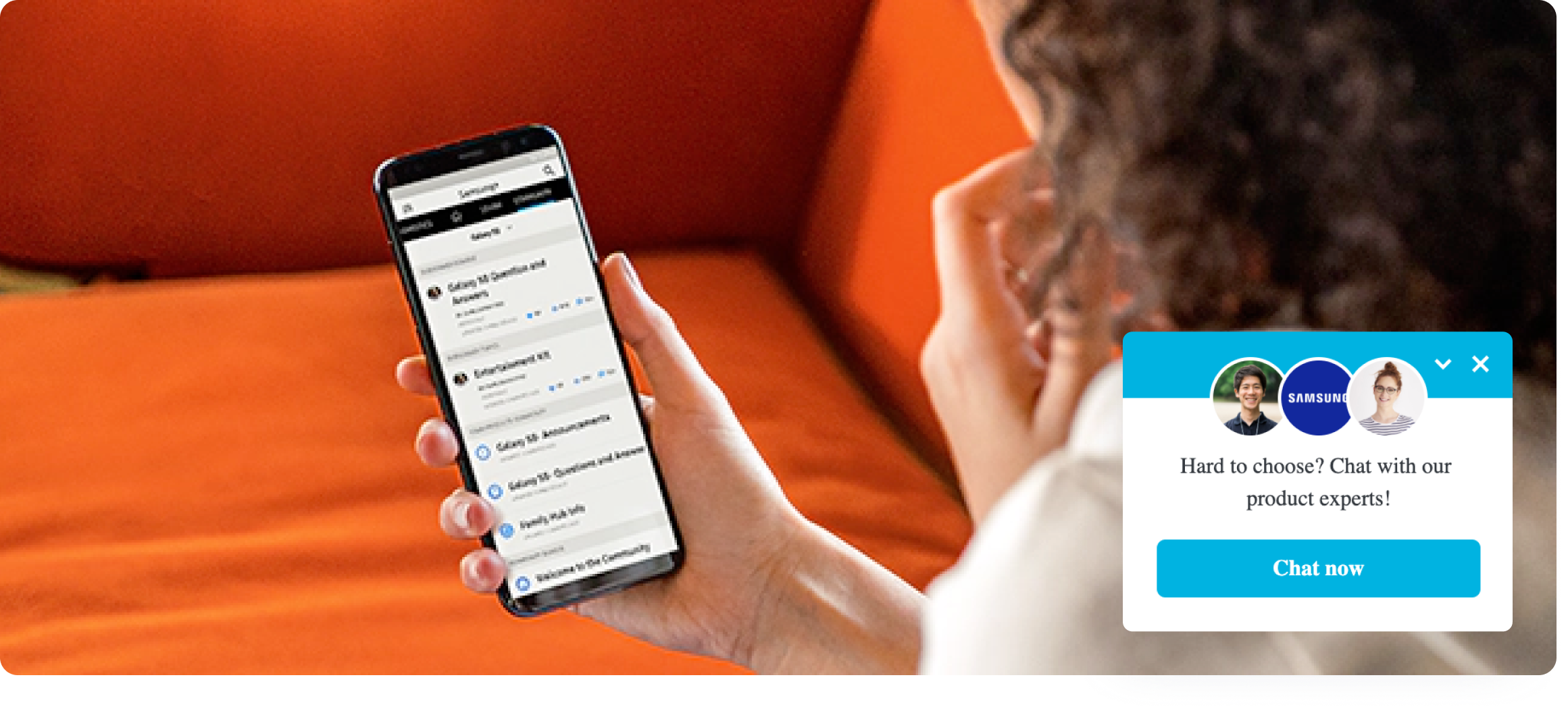 Samsung iAdvize chat box overlay on a phone screen.