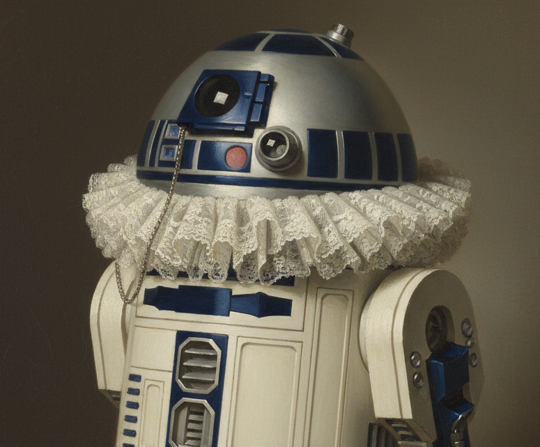 Portrait of R2D2 with a lace ruff, representing the chatbot.