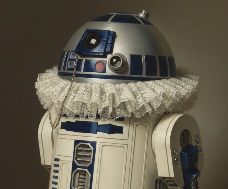 Portrait of R2D2 with a lace ruff, the mascot for the triage Slackbot