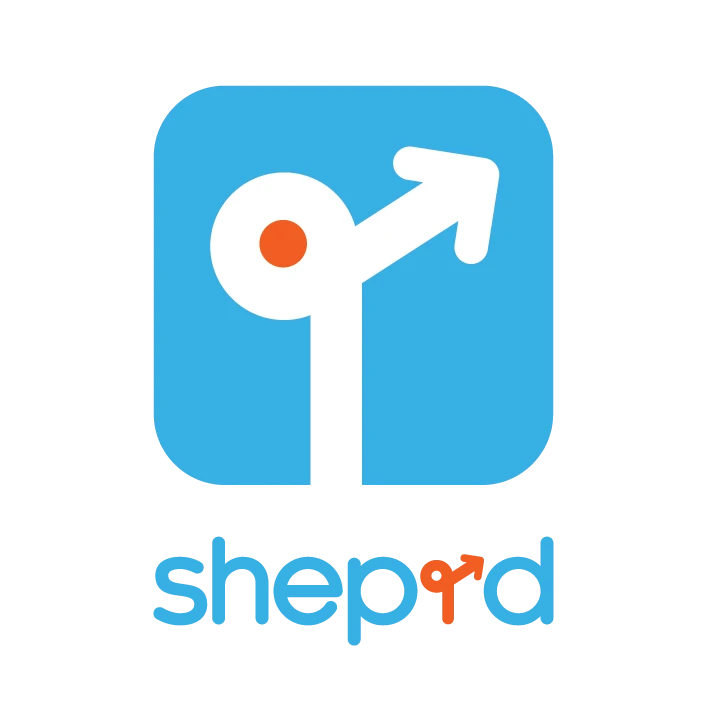 Sheprd logo: a blue rounded square holding a signpost-and-arrow mark, above the sheprd wordmark