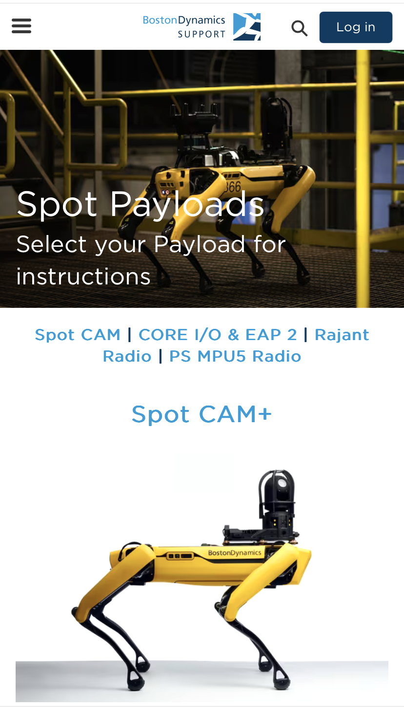 Spot Payloads support page mobile view
